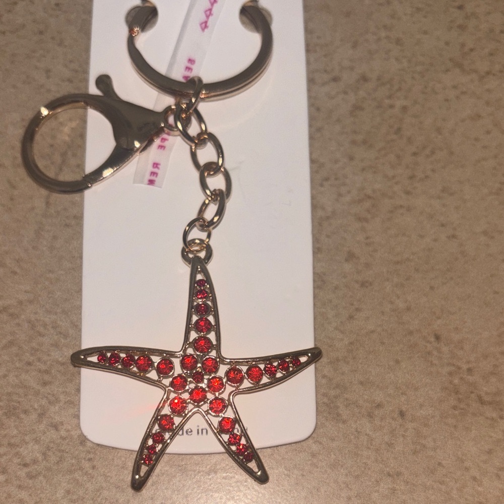 Mint Starfish Keychain with Sparkling Red Accents